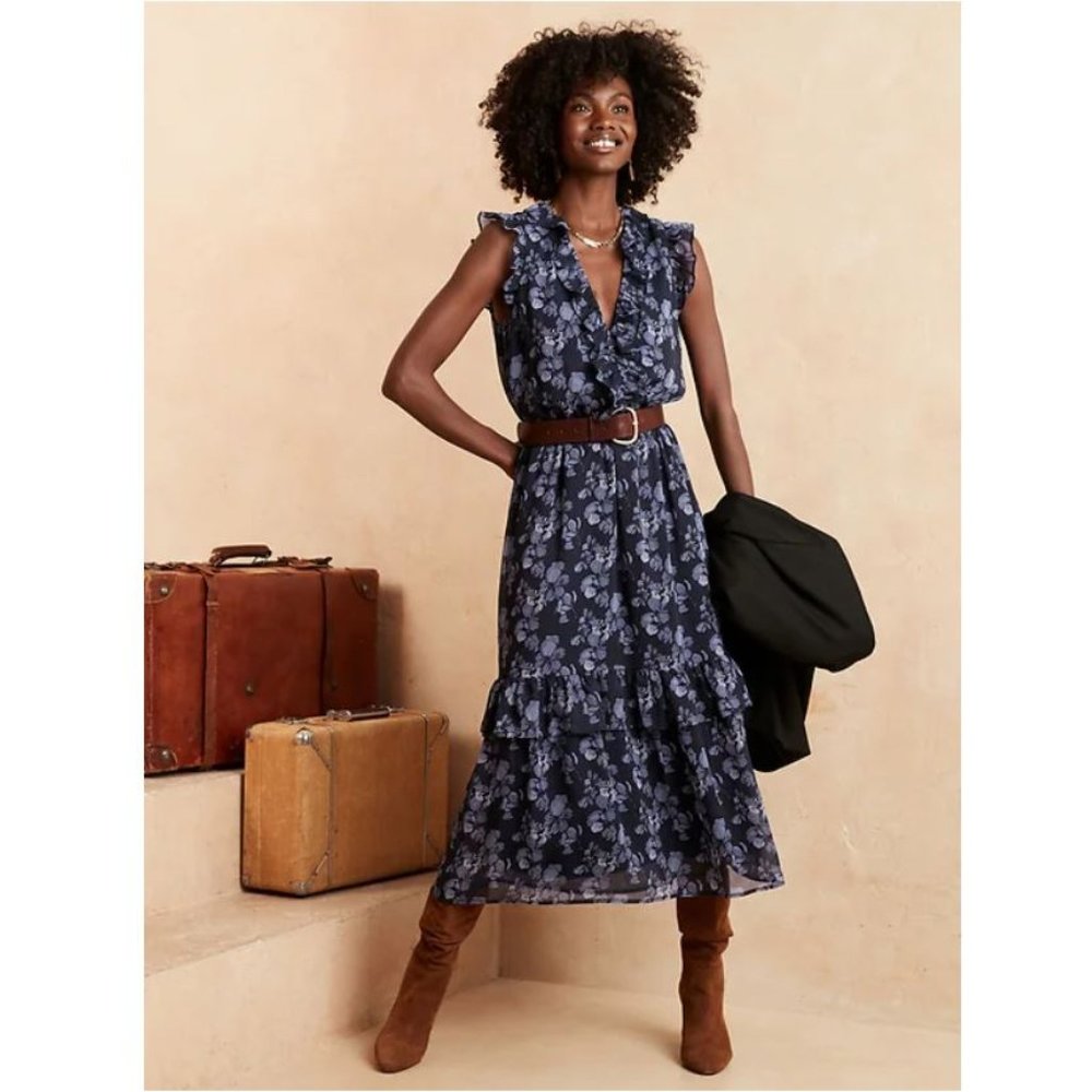 Banana Republic szS Flutter Midi Dress $120 Floral Navy Blue Ruffle Flattering